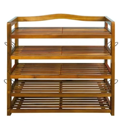 Image of CASARIA® Shoe Rack Up to 200kg 5 Tiers Solid Acacia Wood Rustic Design Hallway, Bathroom, Kitchen Boot Footwear Storage Cabinet Dark Brown 95 x 26 82 cm