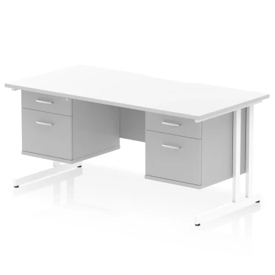 Image of Impulse 1600 x 800mm Scalloped Edge Straight Office Desk White Top Cantilever Leg Workstation 2 Drawer Fixed Pedestal