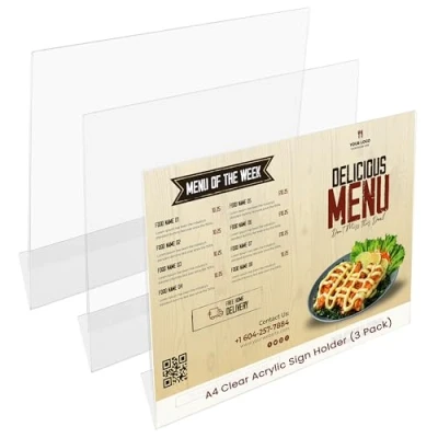 Image of Belle Vous A4 Clear Acrylic Sign Holder (3 Pack) Slanted Landscape Plastic Display Holders Table Top Restaurant Menu, Office Desk Cards, Ad Poster, Leaflet, Flyer, Paper &amp; Photo Frame Stand