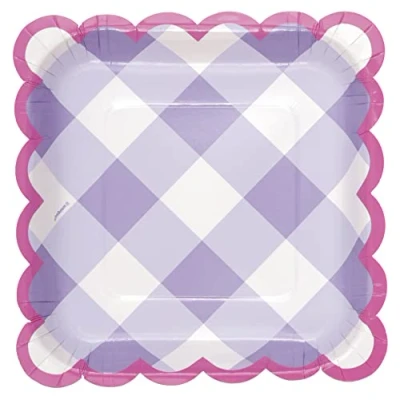Image of Unique 25534 Square Paper Plates 18 cm Pastel Gingham Party 8 Count (Pack of 1), Multicolour