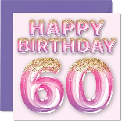 Image of 60th Birthday Card for Women Pink &amp; Purple Glitter Balloons Happy Cards 60 Year Old Woman Mum Nanny Grandma Gran Auntie, 145mm x Sixty Sixtieth Bday Greeting Gift