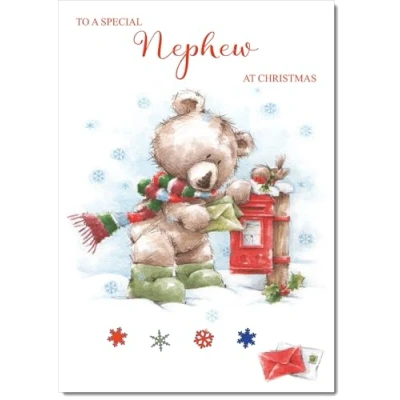 Image of doodlecards Nephew Christmas Card Cute Bear at Post Box Medium Size for with Plain Envelope