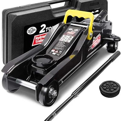 Image of Deuba® Hydraulic Low Profile 2 Tonne Trolley Jack for Cars Lift Height 85 330 mm Suitable Lowered Vehicles Equipment Case &amp; Rubber Pad Portable Heavy Duty Floor Kit