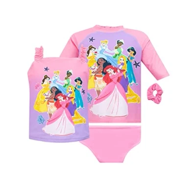 Image of Disney Princess Girls Swim Set Rapunzel Ariel Jasmine Swimming Costume 4 Piece Childrens Swimwear 2 3 Years Pink