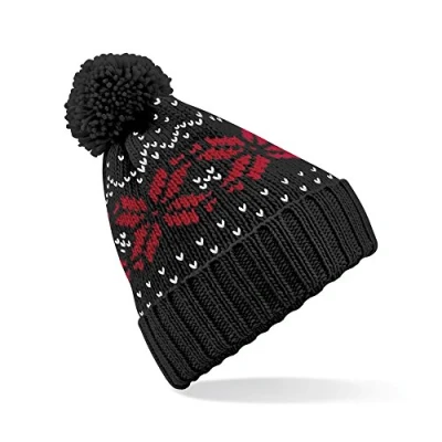 Image of Beechfield Fair Isle Snowstar® Beanie Elegant Design Black/Classic Red/White