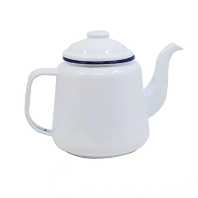 Image of Enamel Teapot with Handle &amp; Lid 14cm, 1.5L Traditional Serving Coffee Pot Jug Camping, White (White)