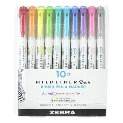 Image of Zebra Pen Mildliner Dual Tip Brush Pens, Felt Pens For Adults, Bullet &amp; Colouring Style Convenience, Double Ended Adult Colouring, Soft Mild Colours, 10pk