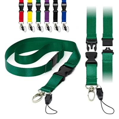 Image of Green Detachable 2cm Flat Lanyards with Buckle, Safety Breakaway Pull, Metal Clip, and Loop String ID Badge Holders Lanyard Neck Strap by LanyardsTomorrow Pack of 100