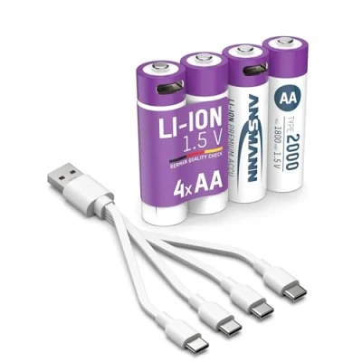 Image of ANSMANN 4 x Mignon AA Batteries Li Ion with USB Type C Connection, Rechargeable via C/High Power of 1.5 Volt &amp; 2000 mAh/Suitable for Remote Control, Controllers, Lamps, Toys, Radios