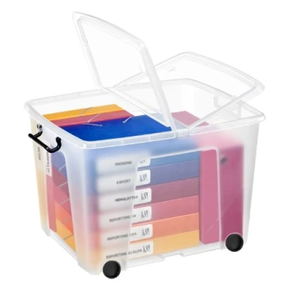 Image of Strata Smart Box Clip On Folding Lid Carry Handles 75 Litre Clear with Black Wheels Ref HW676CLR