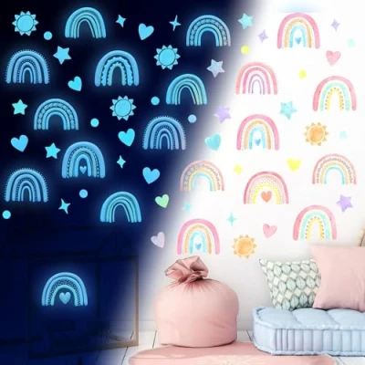 Image of Glow in The Dark Rainbow Wall Sticker Glowing Stickers Boho Art Stars for Ceiling Girls Kids Boys Bedroom Living Room Decor