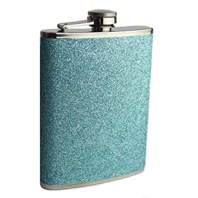 Image of Prime Homewares 8oz Stainless Steel Plain Glitter Hip Flask Ladies Whisky Flasks (Turquoise Glitter)