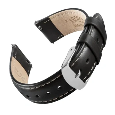 Image of Archer Watch Straps Top Grain Leather Quick Release (Black/Natural White Thread, 18mm)