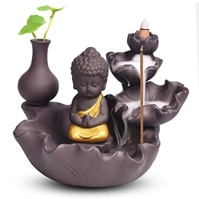 Image of Golden Buddha Waterfall Backflow Incense Burner Holder Ceramic for Family Office Bedroom Ornament