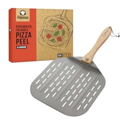 Image of Chef Pomodoro Perforated Aluminum Metal Pizza Peel with Foldable Wood Handle for Easy Storage, Spatula, Premium Paddle Holes Baking Homemade and Artisan Breads (30 x 36 cm)