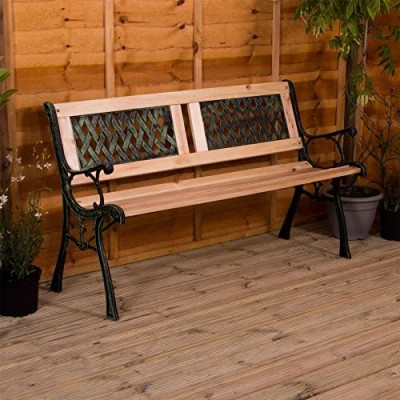 Image of Vida Designs Garden Bench, Twin Cross Style Design 3 Seater Outdoor Furniture Seating Wooden Slats Cast Iron Legs Park Patio Seat