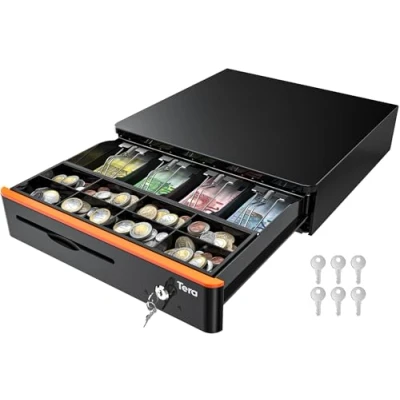 Image of Tera Auto Open Cash Register (with 5 Keys) Till Drawer Box 4 Bill 8 Coin Tray for POS System, Removable Compartment 12V RJ12 Key Lock, Media Slot Shops Businesses