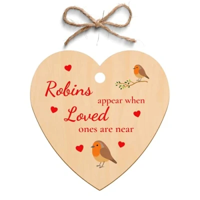 Image of Second Ave Robins Appear When Loved Ones are Near Wooden Hanging Heart Christmas Xmas Tree Decoration Bauble
