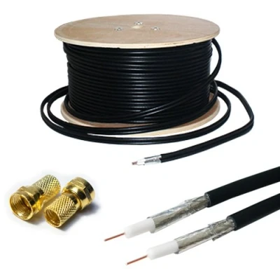 Image of 25m RG6 Twin Coaxial Cable &amp; 4x F Connectors Shotgun Satellite Sky +/HD Freesat Loops