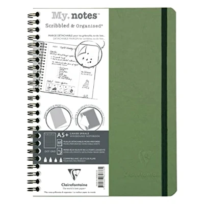 Image of Clairefontaine 782333C Age Bag Collection A Green My.Notes Tear Off Margin Spiral Notebook A5+ 16x21 cm 120 DOT Pages 90 g White Paper Leather Grain Glossy Card Cover