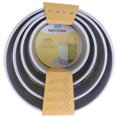 Image of PME Round Cake Pans 6, 8, 10, 12 Inch x 3 Deep, Set of 4 (RNDB6810123), Silver