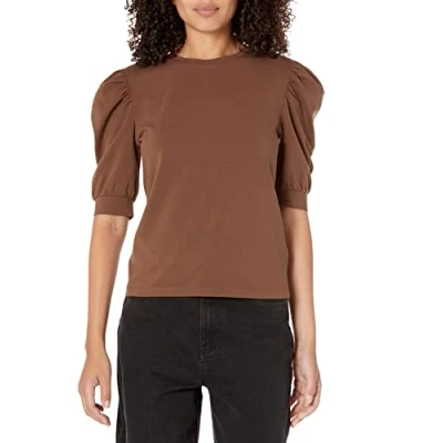 Image of The Drop Women&#039;s Mariko Puff Sleeve Crew Neck Stretch Jersey T Shirt, Coffee Bean, S