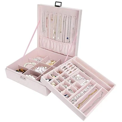Image of ProCase Jewellery Box Organiser, 2 Tiers Large Boxes Storage Cases for Earrings, Bracelets, Rings, Necklaces Pink