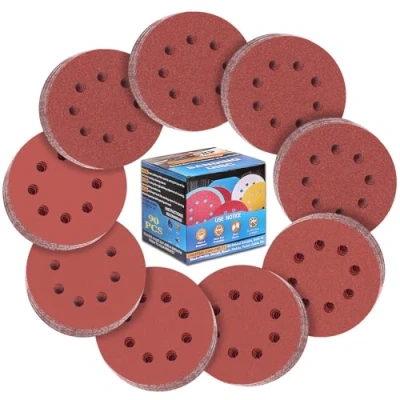 Image of ALPXUXP 125mm Sanding Discs 8 Holes Hook and Loop Pads for Random Orbital Sander Sandpaper Sheet(120/240/320/400/600/800/1000/1500/2000 x10 Mixed Grits) 90Pcs