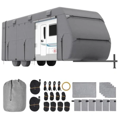 Image of VEVOR Travel Trailer Cover, 18 20 ft RV 4 Layer Non Woven Fabric Camper Waterproof, Windproof and Rip Stop Class A with Storage Bag, Repair Patches, Straps Tire Covers
