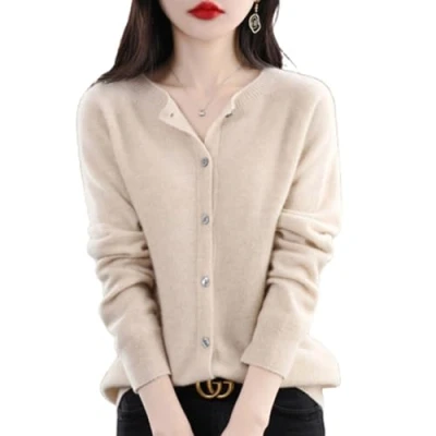 Image of TeysHa Women&#039;s Cashmere Cardigan Sweater,Wool Crew Neck Button Down Long Sleeve Sweater,Soft Warm Knit Elastic Jumpers (Beige,Medium)
