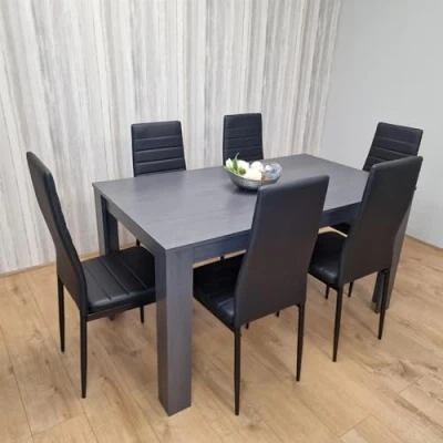 Image of KOSY KOALA Dining Table and 6 Chairs Black Dark Grey Leather Wood Set Furniture