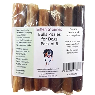 Image of Britten &amp; James 6 Thick Bulls Pizzles for Dogs (12cm length) Bully Stick, Natural Dental Stick and Dog Chew. Hypoallergenic, Grain Free Long Lasting Treat