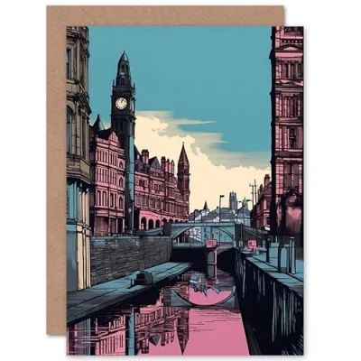 Image of Artery8 Leeds Canal Cityscape Pink and Teal Illustration Travel Birthday Sealed Greeting Card Plus Envelope Blank inside