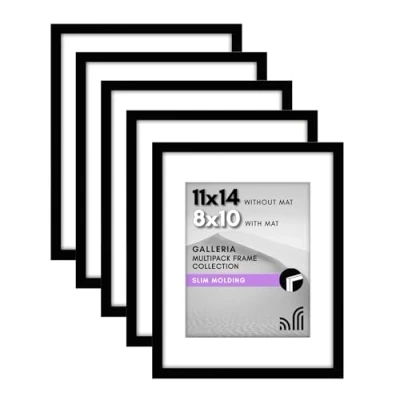 Image of Americanflat 11x14 Picture Frame in Black Set of 5 Use as 8x10 with Mat or Without Plexiglass Cover and Sawtooth Hanging Hardware for Horizontal Vertical Display