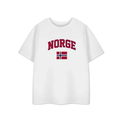 Image of Norway Unisex Kids White T Shirt Norge Flag Graphic Design Tee for Boys &amp; Girls Scandinavian Sports Fan Merchandise