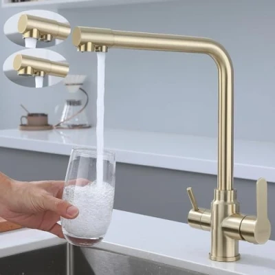 Image of SkyPanda 3 Way Kitchen Tap, Golden Drinking Water, Double Lever Faucet, Penetration in 1, 360 Rotatable Mixer 2 Outlets, 304 Stainless Steel, Brushed Gold