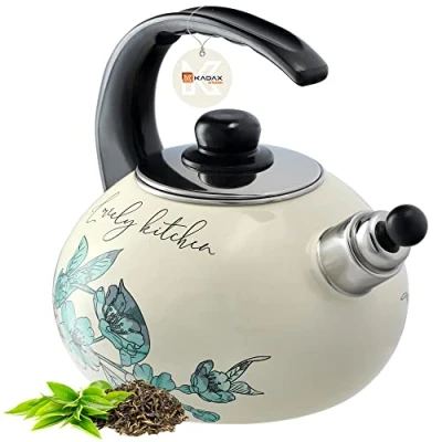 Image of KADAX Water Kettle, Stainless Steel 2.2L Flute Kettle for Induction and Gas Stove, Tea Enamel Retro with Whistle (Green Flowers)