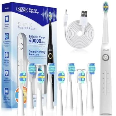 Image of Seago Electric Toothbrush, Rechargeable Power Toothbrush with 8 Brush Heads, 40,000 VPM, 5 Cleaning Modes Teeth Whitening, 30 Days Battery Life Ideal for Adults &amp; Kids, SG 958(White)