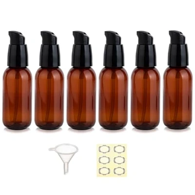 Image of Apstaqeoo 6Pcs 50Ml Empty Lotion Pump Bottle Dispenser for Toiletries TSA Approved Leak proof Plastic Travel Bottles Container with Label &amp; Funnel Cleaning Shampoo Cosmetic (Brown)
