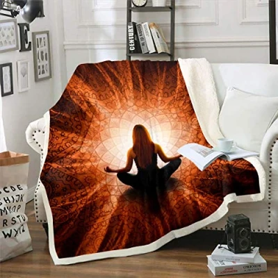 Image of Loussiesd Women Chakra Fleece Sherpa Blanket for Sofa Couch Zen Spiritual Plush Throw Boho Mandala Fuzzy Room Decor Brown Bohemian Style Flannel Single 50&quot;x60&quot;
