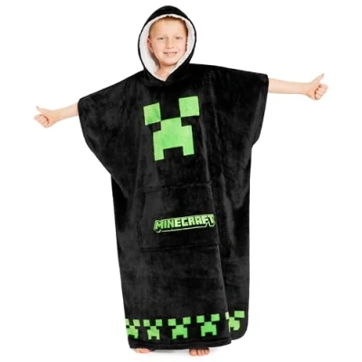 Image of Minecraft Fleece Hoodie Blanket for Kids and Teenagers One Size Poncho with Sherpa Lined Hood Gifts Gamers (Black)