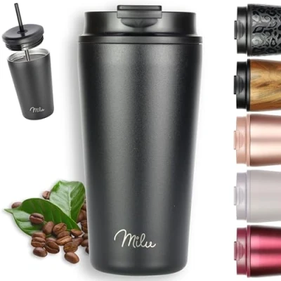 Image of Milu Travel Mug 300ml, 400ml, 500ml 100% Leakproof Stainless Steel Coffee Thermal to go Insulated with Straw Keeps hot for 10h / Cold 20h, BPA Free (Black, 500ml)