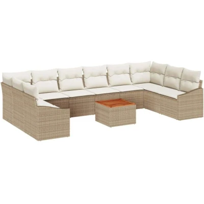 Image of vidaXL 11 Piece Garden Sofa Set with Cushions Beige Poly Rattan Acacia