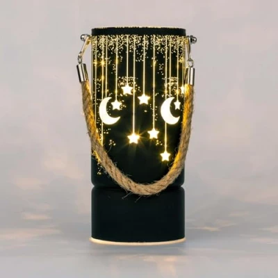 Image of SHATCHI 22cm Christmas Decorated Lantern Vase Table Lamp Etched Glass Tube Xmas Black Cylinder LED Fairy Lights Battery Operated Decoration