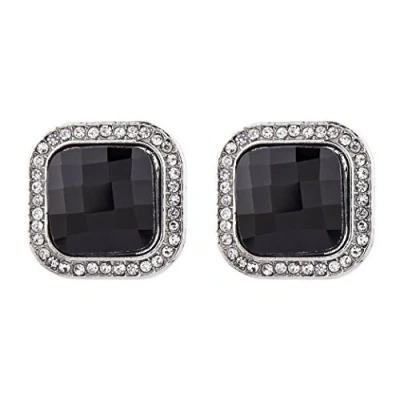 Image of Clip On Earrings Silver Plated Stud With Crystals And Black Stone Wendy