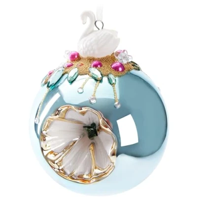 Image of BRUBAKER Premium Christmas Bauble Light Blue with Swan Figure 3.9 inches (10 cm) Tree Ornament Bead Decorations Hand Decorated Glass Decoration
