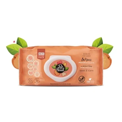 Image of Pet Head Quick Fix Cleaning Wipes for Dogs and Cats, Pack of 100 Peach Scent with Aloe Vera. Biodegradable Paws Body. Natural Vegan Ingredients