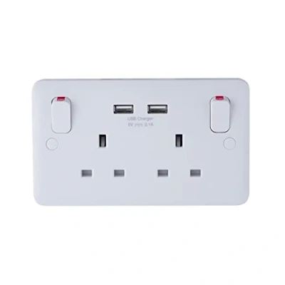 Image of Schneider Electric Lisse White Moulded Switched Double Power Socket, with USB Charging Ports, 13A, GGBL30202USBAS,