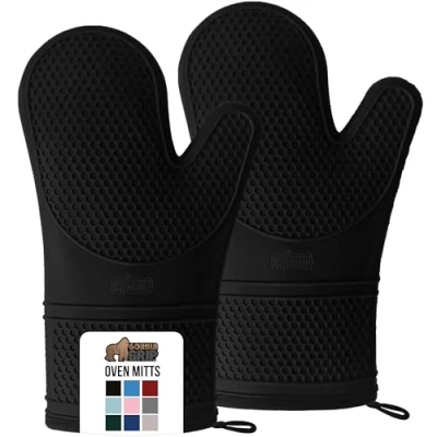 Image of Gorilla Grip Premium Silicone Slip Resistant Oven Mitt Set, Soft Flexible Gloves, Heat Kitchen Cooking Mitts, Protect Hands from Hot Surfaces, Cookie Sheets, Black Pair, Set of 2