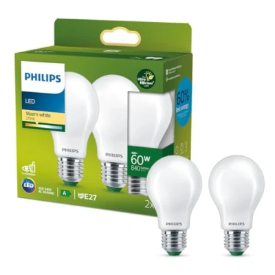 Image of PHILIPS Ultra Efficient Energy Saving Lights, LED Light Source, 60W, E27, A60, Frosted Glass, Warm White Light, 2700 Kelvin, Non dimmable, 2 Pack